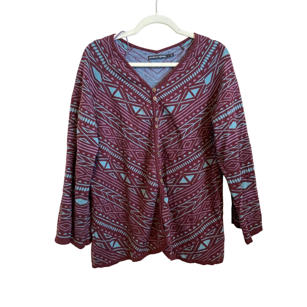 Women's Geometric Pattern Sweater - Burgundy and Blue